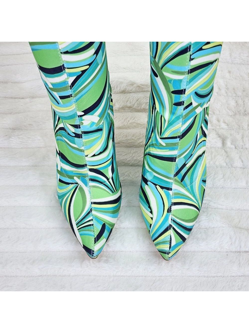 Odin Crazy Wild Color Pattern High Heel Stretch Fabric Ankle Boots - Green Blue - Picture 10 of 15